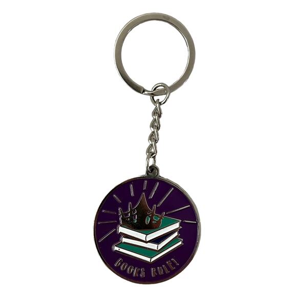 Books Rule! Keychain - Circular Pendant Stack of Books Crown - Picture 6 of 10